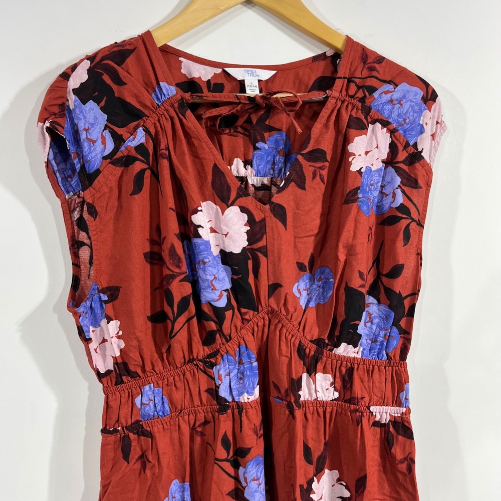Time Tru Babydoll Western Floral Midi Dress‎ Smocked Waist Pockets Large Boho
